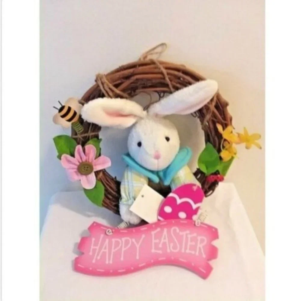 Easter Wreath GRAPEVINE with Stuffed Bunny Ladybug Flowers Wood Sign New